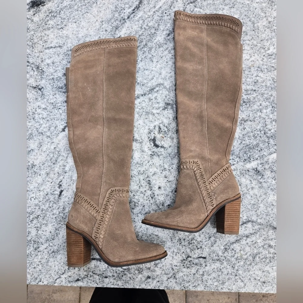 Vince Camuto Madolee Over The Knee Taupe Suede Leather Boots Sz 6